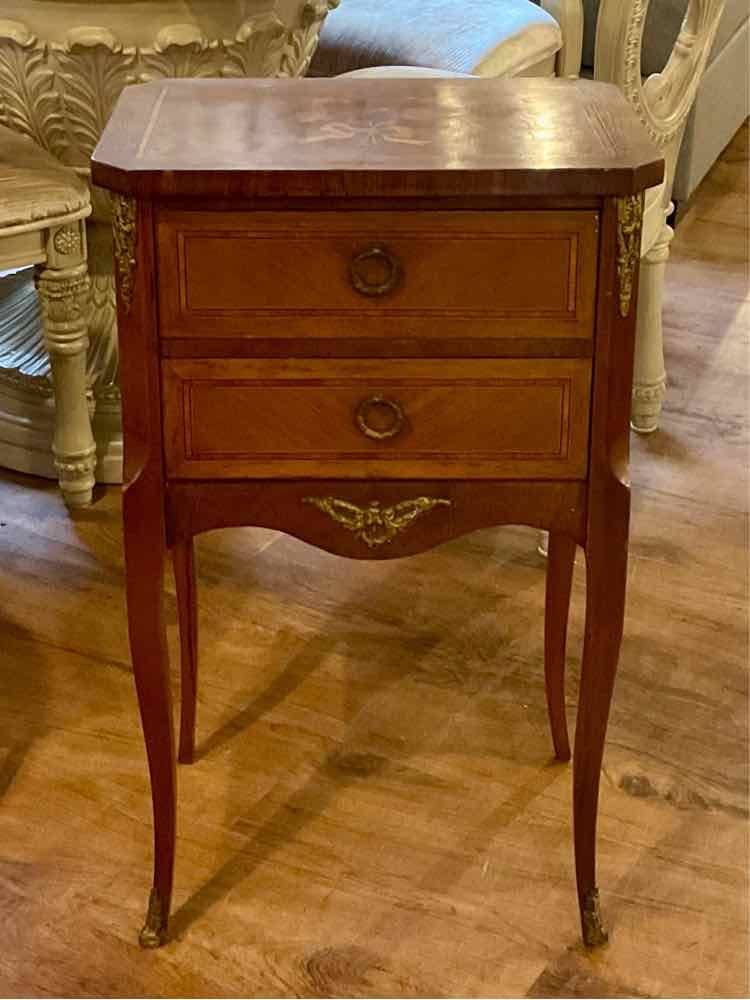 French Louis Style Inlaid Walnut 2 Drawer Nightstand