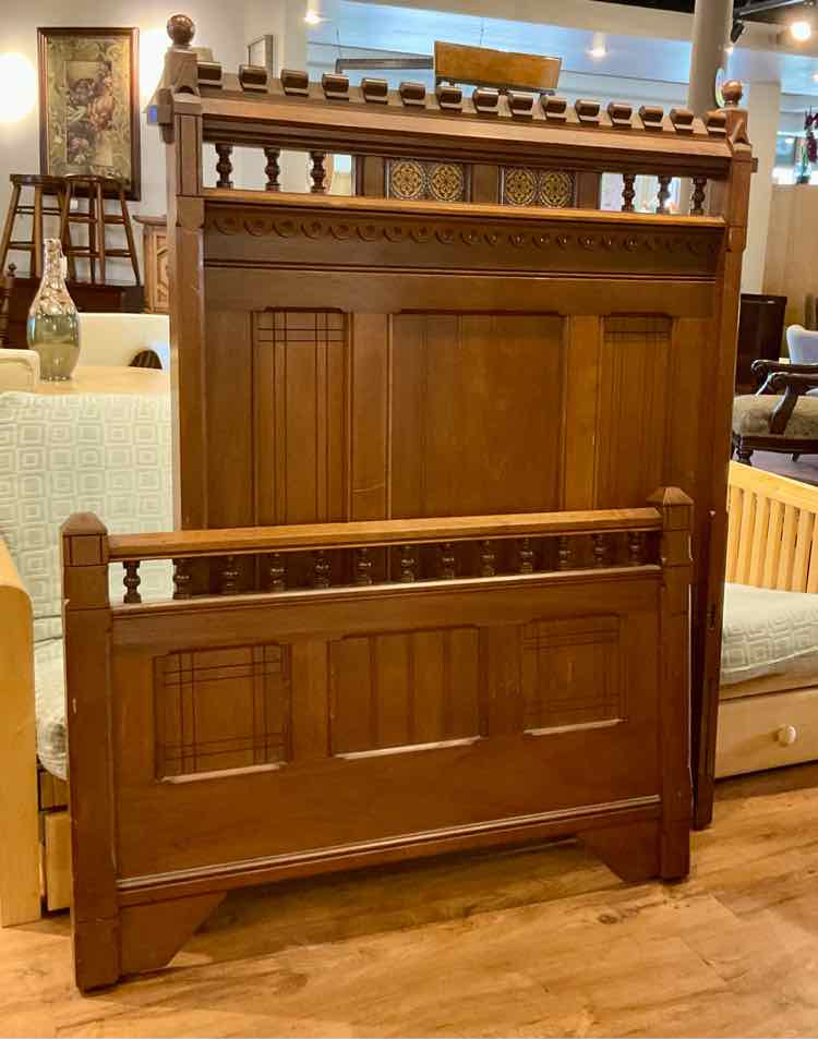 Antique Eastlake Carved Walnut Twin Bed Frame w/ Slats &amp; Rails