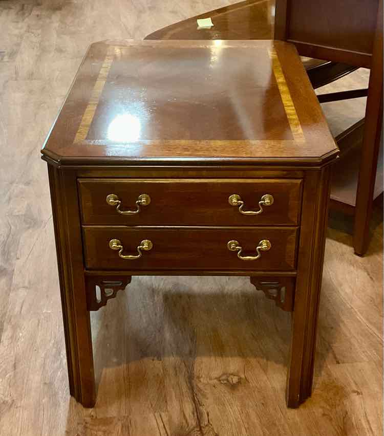 1970's Lane Inlaid Mahogany Chippendale 1 Drawer End Table