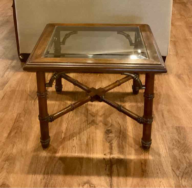 Vintage Hollywood Regency Style Wood Glass & Brass End Table