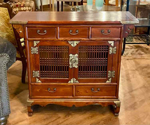 Vintage Korean Brass & Elm Storage Cabinet