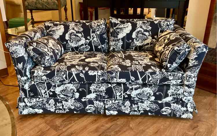 Vintage MCM Drexel Navy &amp; White Floral Tuxedo Loveseat