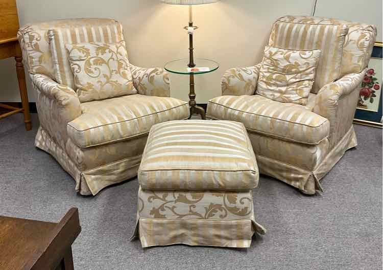 Set of 2 Vintage Custom Down Alchemy Gold Patterned Chairs w/ Ottoman