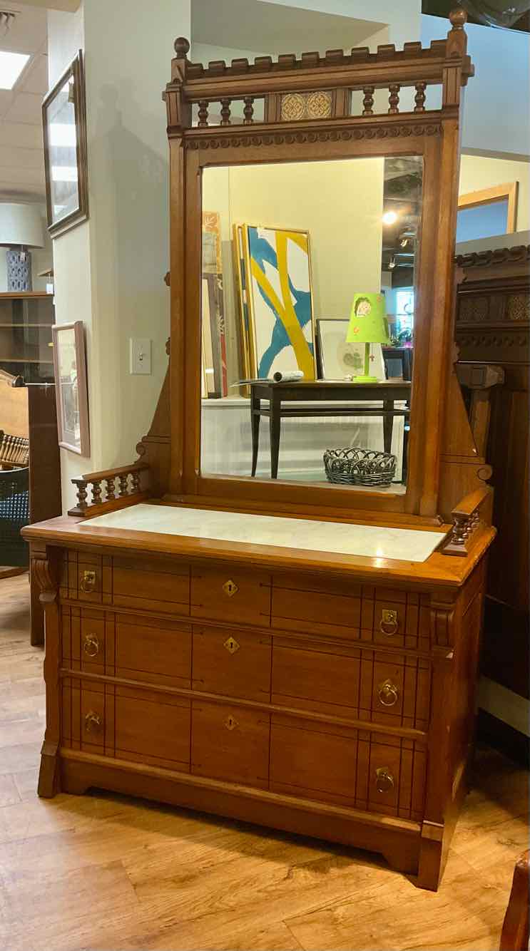 Antique Eastlake Carved Walnut &amp; Marble 3 Drawer Dressing Chest