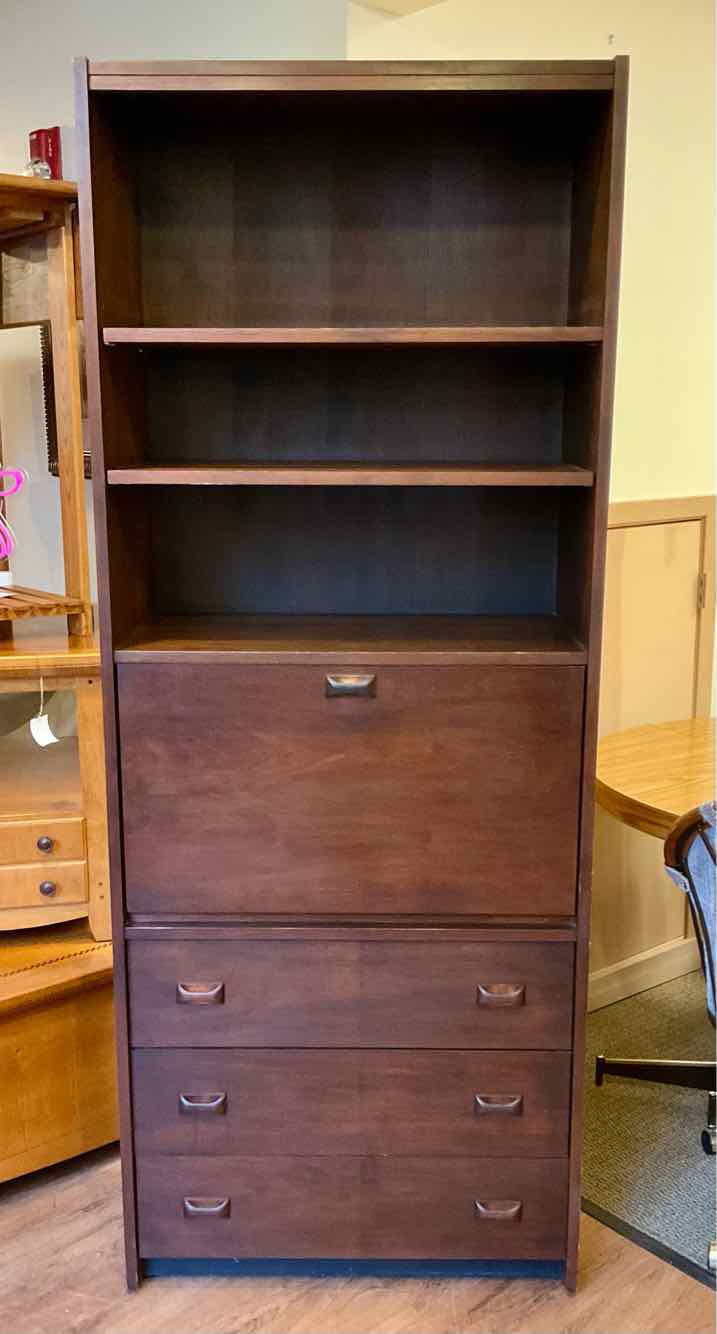 MCM Walnut 3 Drawer Drop Front Bookcase