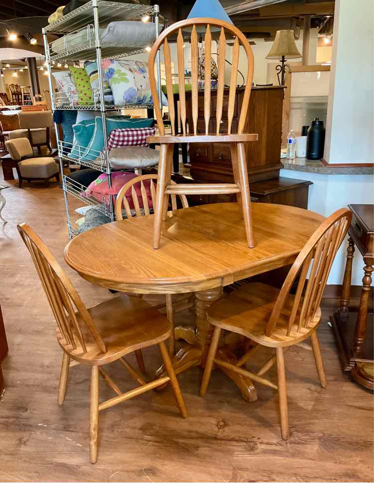 Farmhouse Oak Pedestal Dining Table w/ 4 Arrowback Chairs &amp; 1 Leaf