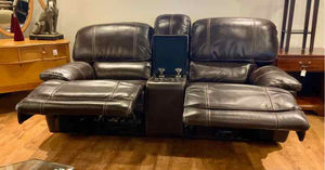 Powered Dark Espresso Leather Dual Reclining Sofa w/ Console