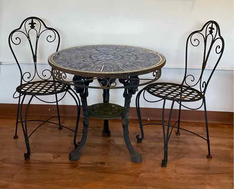 Antique Cast Iron & Tile Bistro Table w/ 2 Chairs