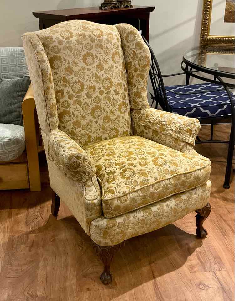 Vintage MCM Cream Gold Floral Wingback Chair