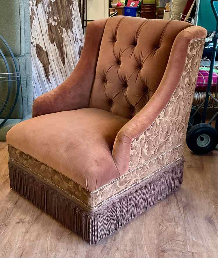 Gingerbread Velvet Fringed Button Tufted Club Chair