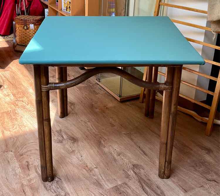 Teal Vinyl &amp; Rattan Cafe Table