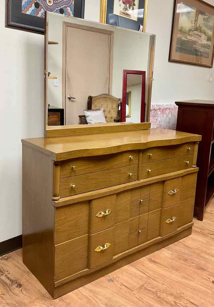 Retro 6 Drawer Walnut Veneer Dresser w/ Mirror