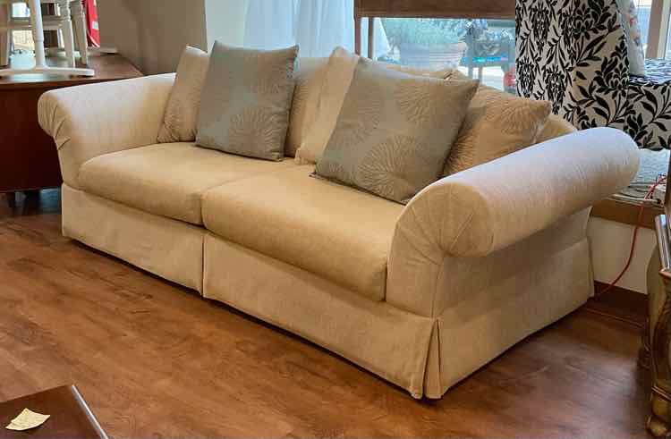 Custom Classic Neutral Chenille Sofa w/ 6 Coordinating Pillows