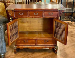 Vintage Korean Brass & Elm Storage Cabinet