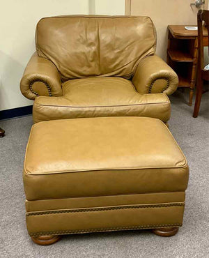 Thomasville Genuine Caramel Leather Club Chair w/ Storage Ottoman