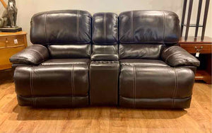 Powered Dark Espresso Leather Dual Reclining Sofa w/ Console