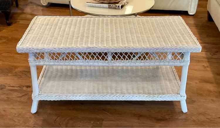 2-Tiered White Wicker Coffee Table