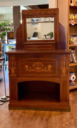 Antique Marquetry Bar Cabinet w/ Mirror & Keys