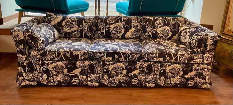 Vintage MCM Drexel Navy &amp; White Floral Tuxedo Sofa