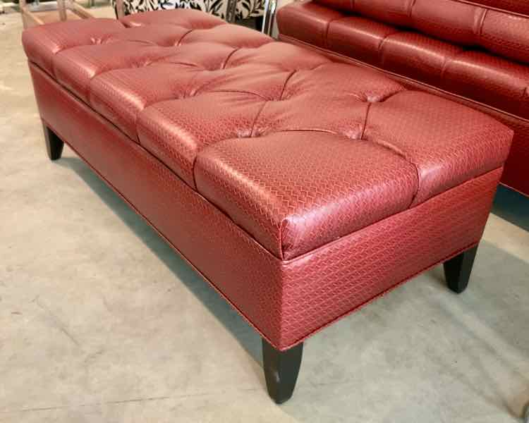 Carmine Red Button Tufted Faux Leather Bench