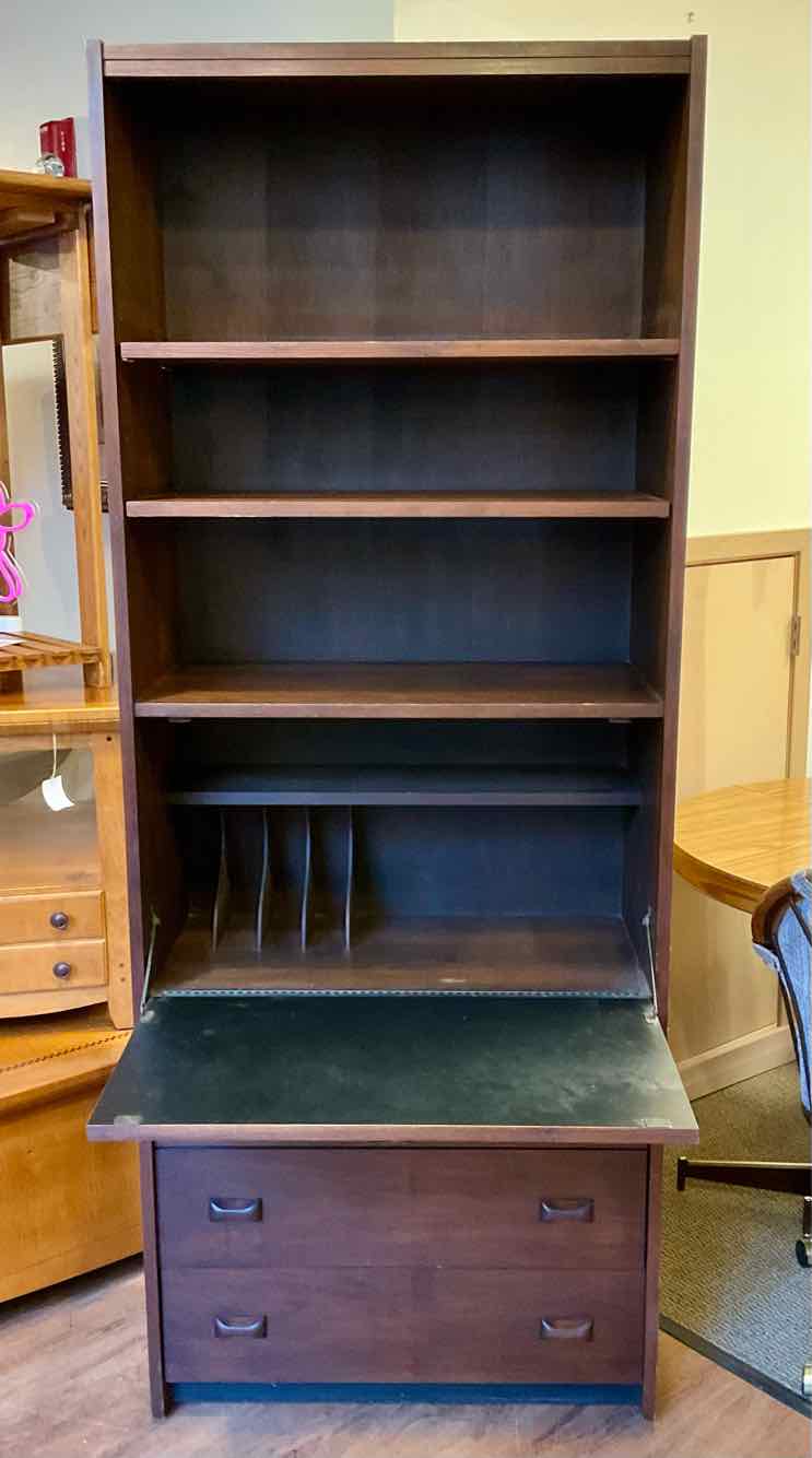 MCM Walnut 3 Drawer Drop Front Bookcase